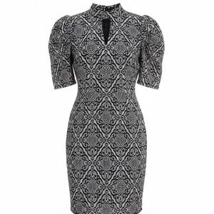 VENUS Black White Sheath Dress XS Geometric Print Puff Sleeve Back Knee Length